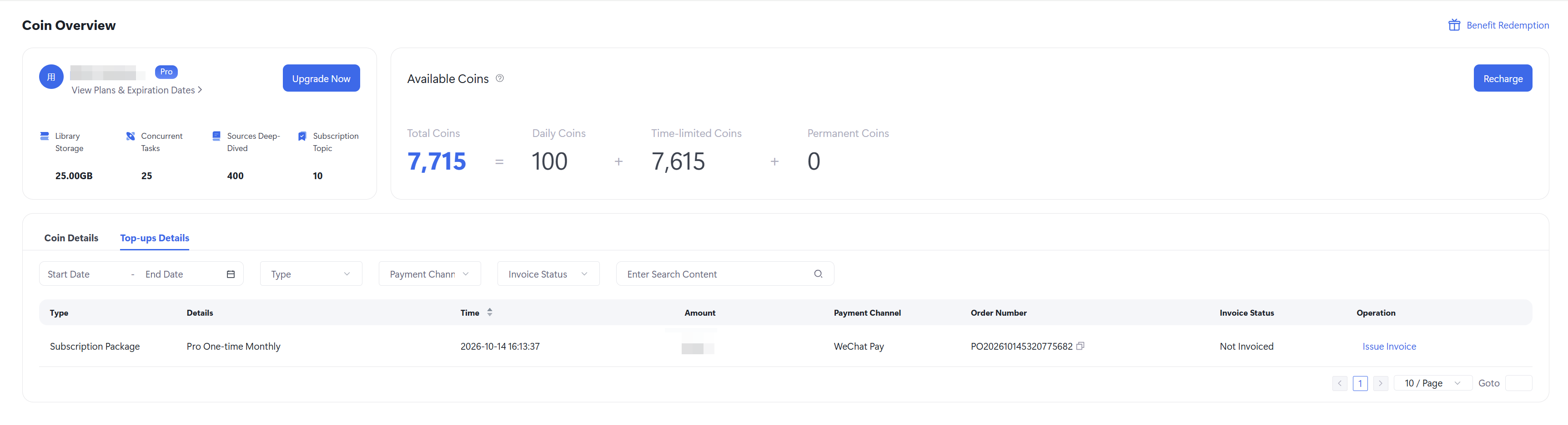 Payment history and invoice actions